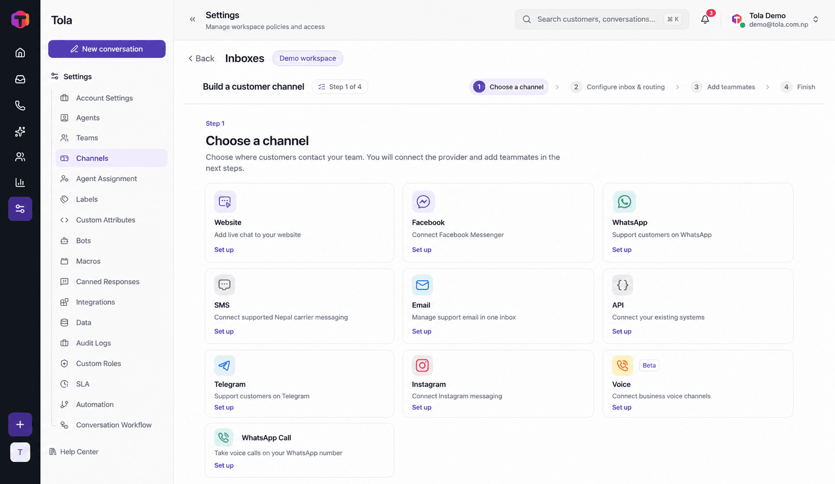 Tola channel setup for WhatsApp, SMS, voice, email and web support