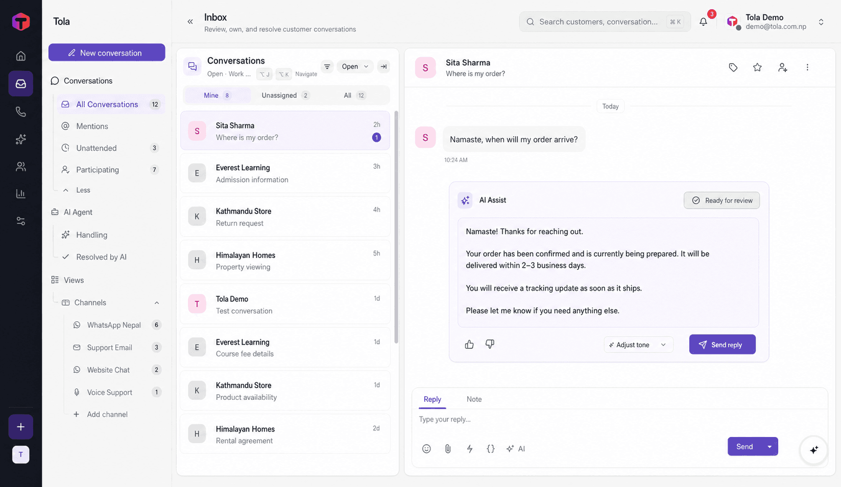 Tola shared inbox with fictional customer conversations and AI-assisted replies