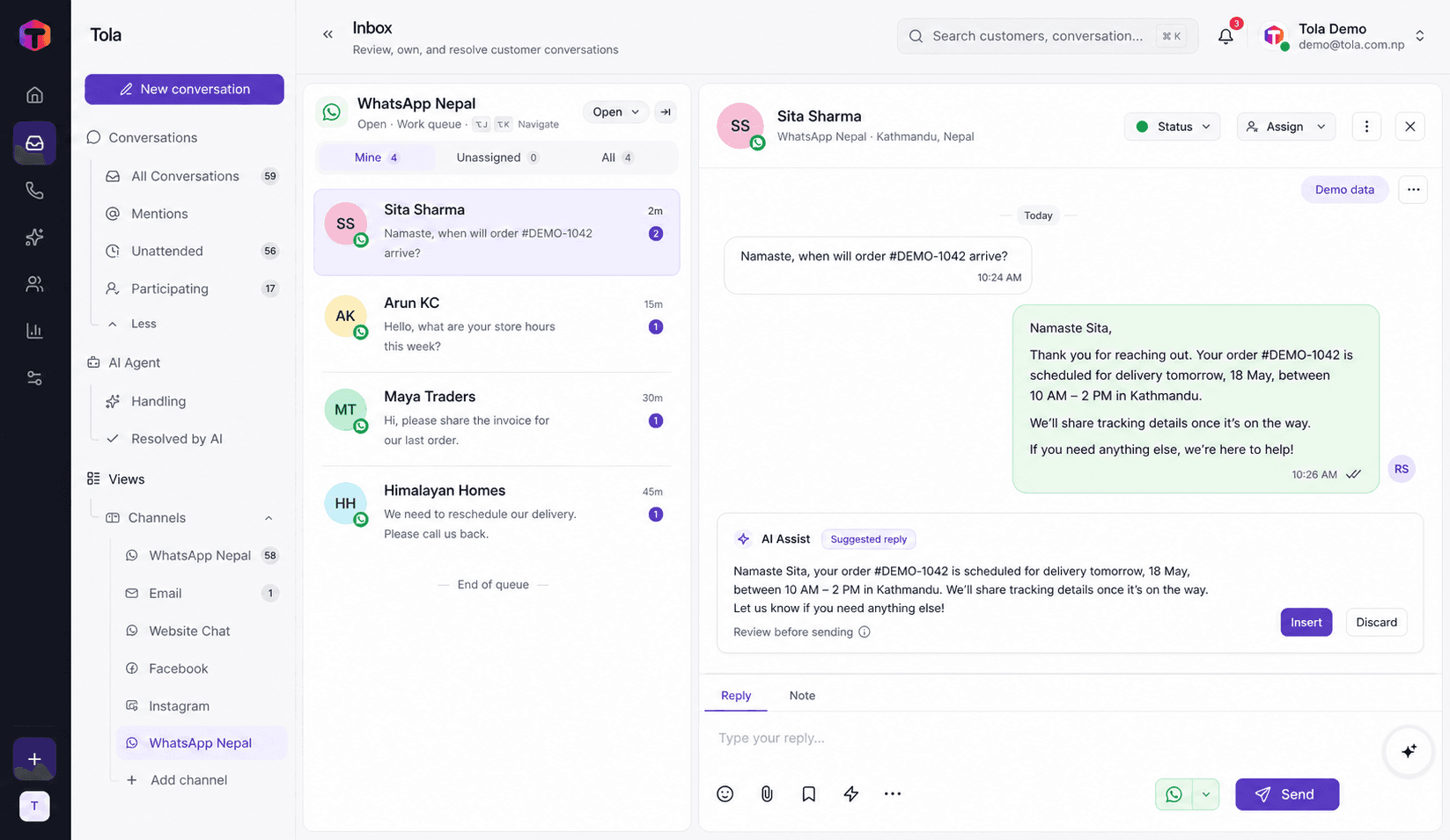 Tola WhatsApp inbox using fictional demo conversations