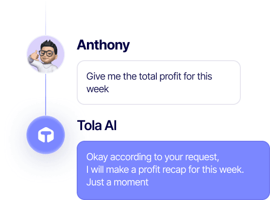 A chat exchange where Tola AI replies to a request for a weekly profit recap.